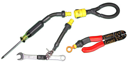 A series of tools attached to a lanyard by various methods and various attachment devices