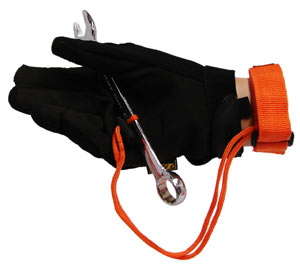 An orange wrist strap attached to a tool to prevent dropping