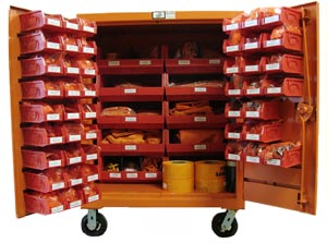 A rolling cabinet stocked with a large amount of FME supplies