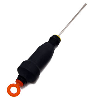 A cylindrical attachment is shrunk around a screwdriver, the attachment has an orange ring on the end of it