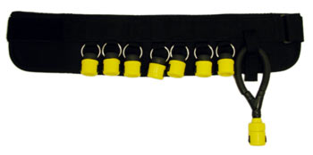 A tool belt with seven quick connections and a wrist lanyard holder