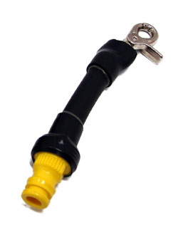 A snap hook connected to a quick changing lock by a black tube-like material