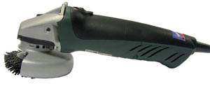 A handheld grinding tool with right angle brush attachment