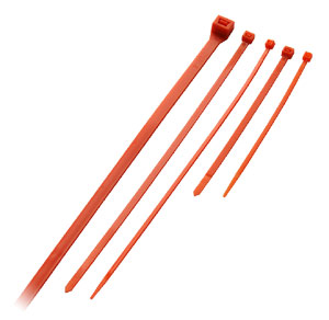 A group of different size orange cable ties on a white background