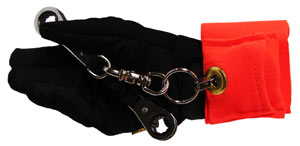 An orange wrist cuff with retractor unit is attached to a tool being held by a gloved hand