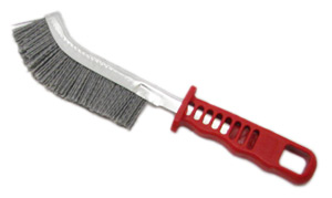 A red handle with a metal knife like shaft with nylon abrasive bristles coming out of the shaft