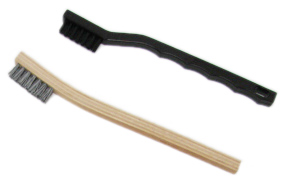 Two toothbrush shaped scratch brushes with rough bristles for surface conditioning