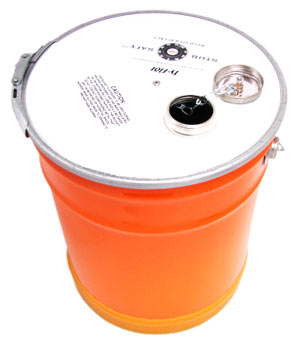 An orange insulated bucket with a white top and chain tethered opening