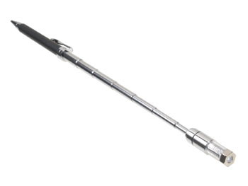 A pen that is stretched out like a telescoping antenna on a radio with magnetic tipped end