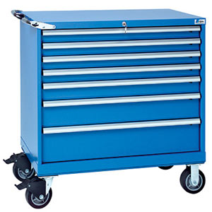 A heavy-duty tool cabinet with seven drawers increasing in size with each lower drawer