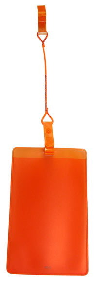 A tinted orange card holder dangling from a badge clip tether