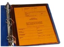 A three hole punch tinted orange sheet protector in a binder