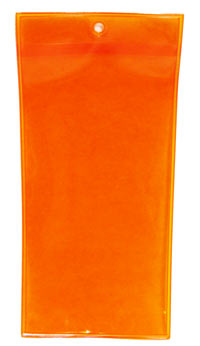 A orange plastic sleeve for holding id cards